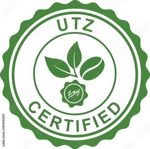 Utz certified stamp circular emblem with green leaves and coffee beans, signifies sustainable agriculture and ethical sourcing practices for coffee
