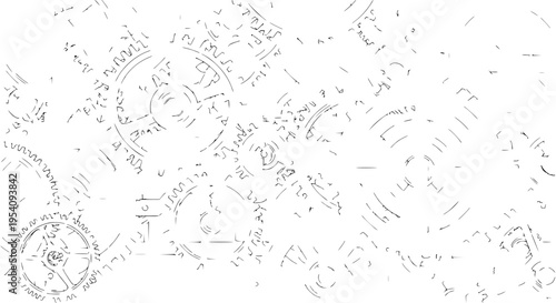 Gear mechanical set with circular motion lines and grunge effects in gray color featuring industrial, machinery,