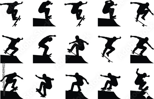 Skateboarder silhouette collection performing tricks on ramps, black vector icons isolated on white background for sport, urban, and action design