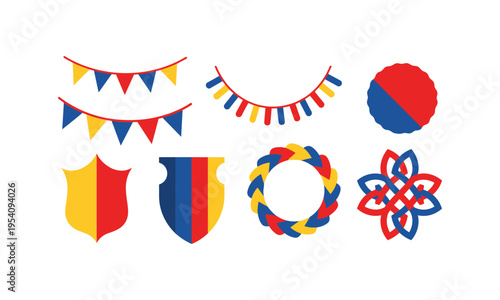 Colorful festive and heraldic symbols with vibrant red, blue, and yellow designs