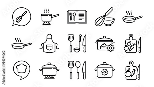 Sketchy line art icons for cooking, kitchen, and culinary themes, including pots, pans, utensils, chef hat, apron, and recipe book, hand drawn 16/9