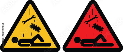 Warning signs indicating maintenance work and swimming pool caution zones