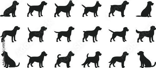 Dog silhouette collection with various breeds and poses, black vector icons isolated on white background for pet, animal, and design use