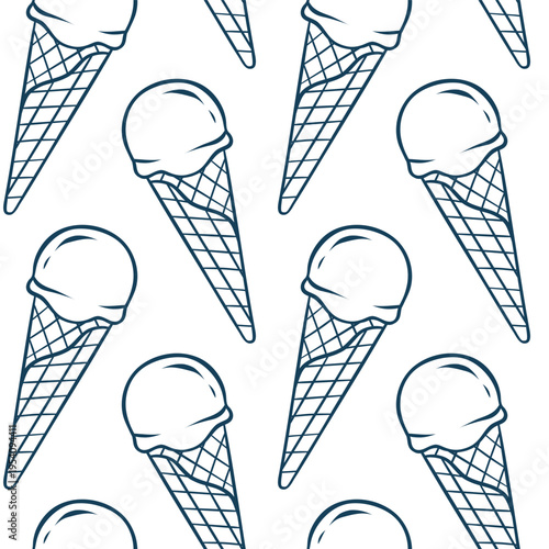 Mediterranean blue line doodle pattern with rows of ice cream cones. Minimalist repeat for gelato shops or summer menus