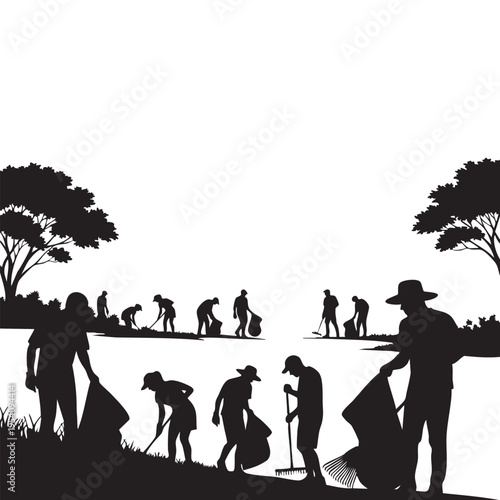 Silhouette illustration of a large group of volunteers cleaning up a park or riverside, emphasizing environmental stewardship and collective action for a cleaner planet