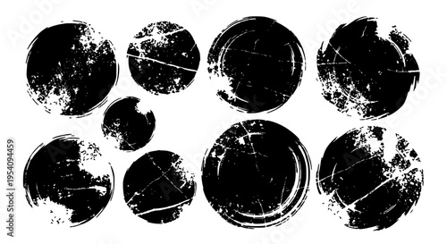 Circles grunge set with black scratched and distressed textures, white scratches. featuring vector, illustration,