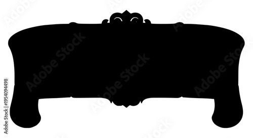 Couch silhouette with ornate design on backrest and curved legs, black color featuring sofa, furniture, interior with