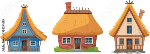 Three charming cottages with traditional thatched roofs are presented in a row. Each small house features unique colors, windows, and architectural details. 