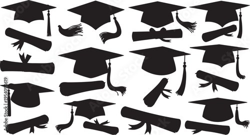 Black graduation cap and diploma silhouettes on white background