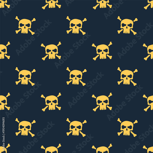 Small yellow skulls and crossbones isolated on a dark background. Seamless pattern. Vector simple flat graphic illustration, hand drawn. Texture.