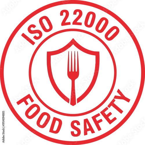 Iso 22000 food safety seal with fork and shield icon for international quality management systems and industrial standards