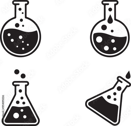 Four simple black and white icons display various chemistry laboratory flasks containing liquids and bubbles