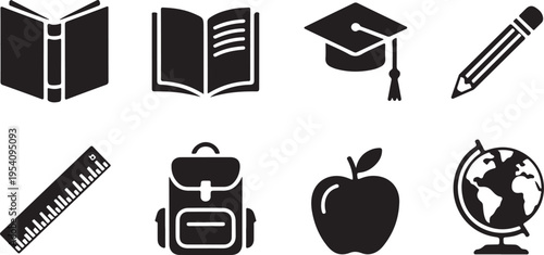 A clean grid of black silhouette icons depicting essential school and learning supplies