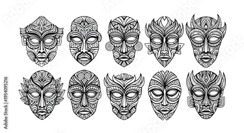 A collection of ten unique abstract tribal masks with intricate designs and patterns on a white background