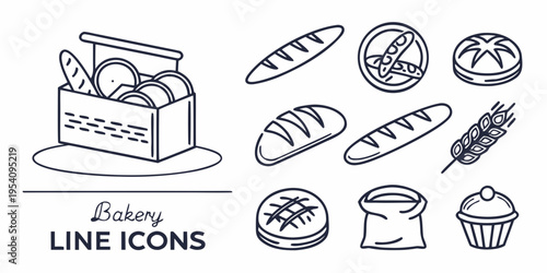 Bakery line including bread and pastries line bread food black and white