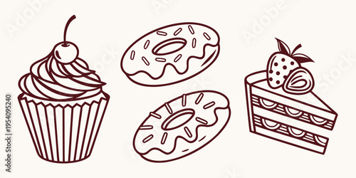 Brown line dessert including cupcake and donuts