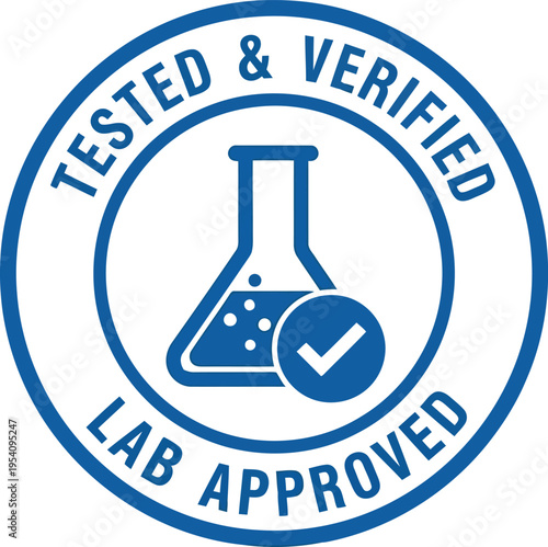 Tested and verified lab approved stamp with flask and checkmark symbol, quality control assurance and scientific research emblem, blue circle seal graphic