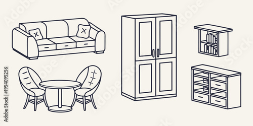 Black line furniture including sofa and table chairs