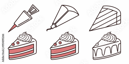 Cake decorating tools and slices icing piping bag cake slices