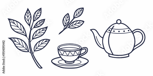 Tea set with leaves and cup on saucer teapot