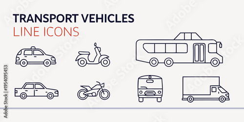 Transport vehicles line collection line cars trucks buses scooters