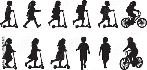 Collection of black silhouette children riding scooters and bicycles kids silhouettes