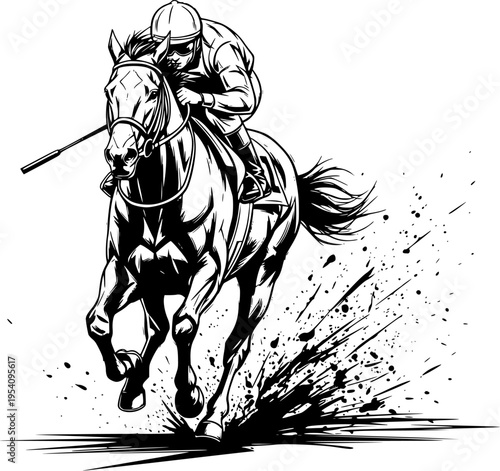 Horse Racing Jockey Riding Fast Horse Detailed Line Art Illustration in Vintage Engraving Style, Dynamic Equestrian Sport Action 