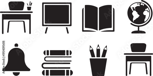 Collection of Black Silhouette Icons Representing Various Educational Objects and School Supplies