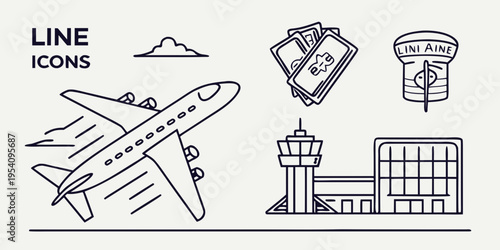Airport with airplane taking off and travel related symbols line flight