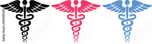 Variations of the caduceus symbol in black, red, and blue color schemes