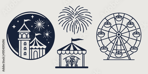 Amusement park with carnival rides and fireworks ferris wheel merry-go-round