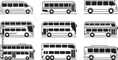 A comprehensive collection of nine black and white vector icons showcasing various bus and public transport vehicles