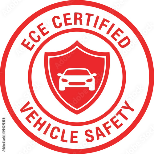 Ec certified vehicle safety red stamp with car shield and check mark for automotive regulatory compliance and protection