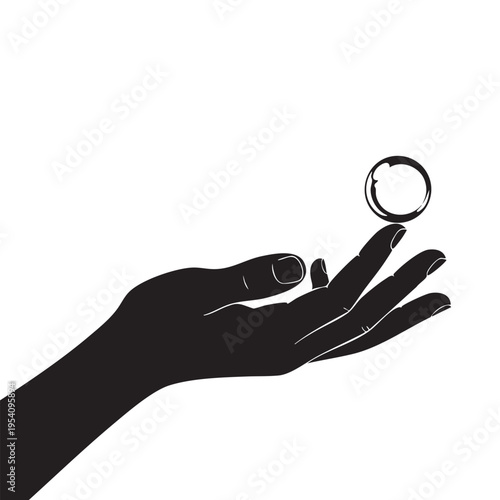 Black silhouette hand balancing a single bubble or orb on fingertip isolated on white background delicate touch and precise control concept vector illustration