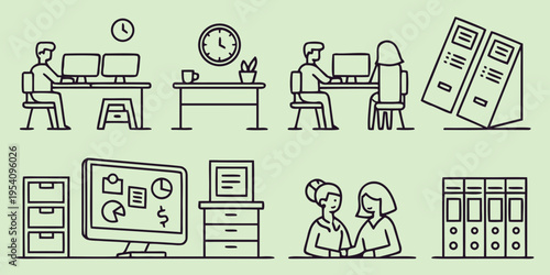 Office workers at desks with computers and office supplies