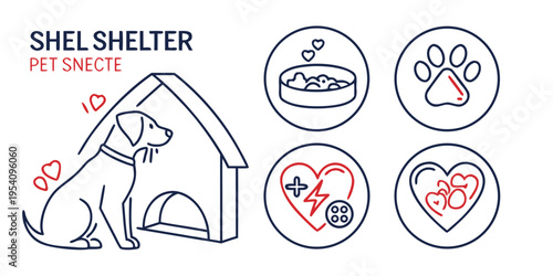 Pet shelter with dog and heart symbols animal care