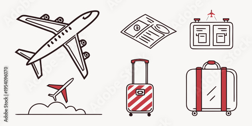 Red and black line of travel and transportation airplane suitcase luggage