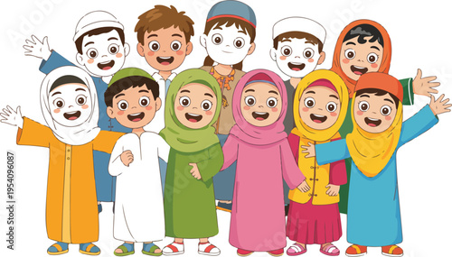 Cheerful group of diverse Muslim children and friends wearing traditional hijabs and kufis for Eid celebration and Islamic education.