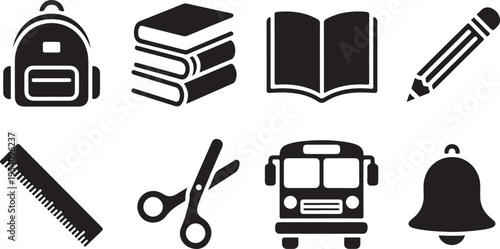 A collection of black silhouette icons representing common school supplies and transportation