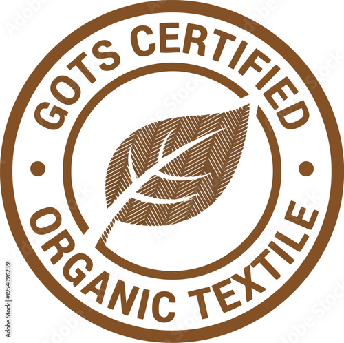 GOTS certified organic textile stamp emblem with leaf symbol representing natural sustainable and eco friendly fabric production standards