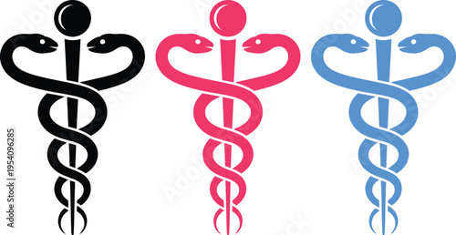 Three variations of the caduceus symbol in black, pink, and blue colors