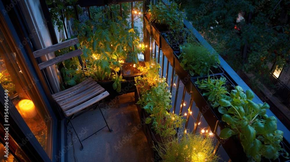 Obraz premium Cozy urban balcony vegetable garden at night with glowing string lights and single green chair above city street