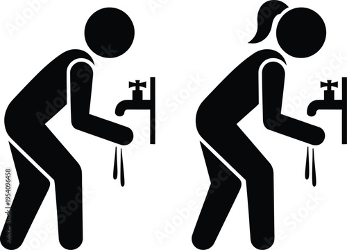 Two figures fixing leaking faucets in a bathroom setting