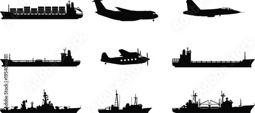 Collection of cargo ships, military vessels and aircraft silhouettes isolated on white background, maritime transport and aviation vector illustration set