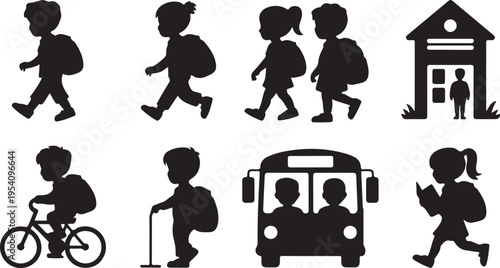 Collection of diverse children and school related silhouettes showing different ways students travel