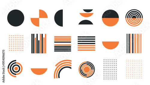 Abstract Geometric Memphis Icon Set: Minimalist Vector Shapes, Line Patterns, and Circular Elements in Burnt Orange and Charcoal Black, Modern Swiss Design Brutalist Graphics for Branding and Web UI.

