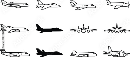 Airplane icon collection featuring commercial jets fighter aircraft and cargo planes in outline and silhouette styles for aviation transport design