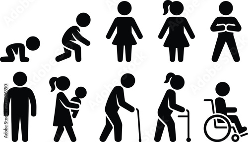 Various icons depicting different human mobility and assistance scenarios