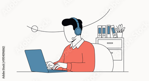 Minimalist Line Art Illustration of Male Customer Support Agent with Headset: Modern Flat Vector Design of Professional Working on Laptop at Desk for Help Center, Telemarketing, and Remote Business