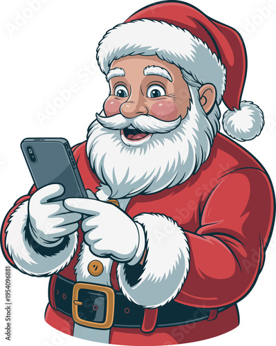 Santa Claus appears delighted as he checks his modern smartphone during the busy holiday season. His bright red suit and white beard stand out against the clean background. 